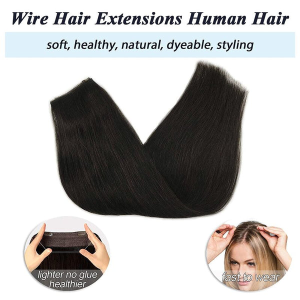 #1B Natural Black Halo Hair Extensions 100% Human Hair Wire Extensions